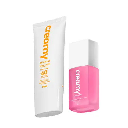 A imagem mostra uma bisnaga branca com letras laranja e um frasco retangular transparente de sérum facial cor rosa e tampa branca.