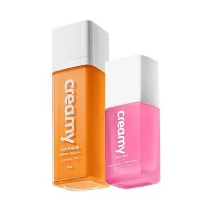 A imagem mostra dois frascos retangulares transparentes de produtos cor laranja e rosa, com tampas brancas.
