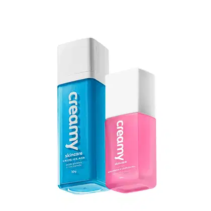 A imagem mostra dois frascos retangulares transparentes de produtos cor azul e rosa, com tampas brancas.