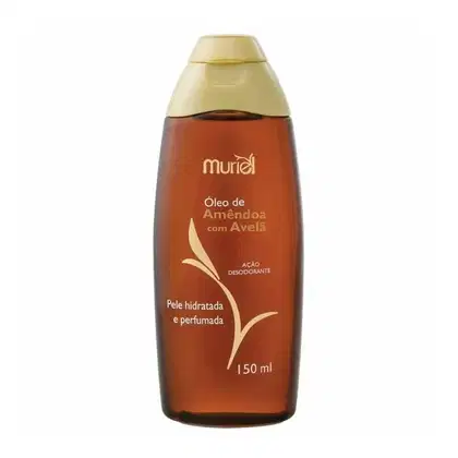 Frasco de óleo de amêndoa com aveia da marca Muriel, com 150 ml de capacidade. Embalagem em tons de laranja e amarelo, com rótulo destacando a ação desodorante e a pele hidratada e perfumada.