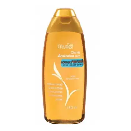 Frasco de óleo de amêndoa com óleo de argan da marca Muriel, com rótulo amarelo e azul, contendo 150 ml do produto.