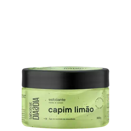 O produto apresentado é um esfoliante corporal da marca Labotrat, com o nome "Capim Limão" impresso no rótulo. A embalagem é um pote preto com tampa, contendo um produto de cor verde clara. Volume de 300g.