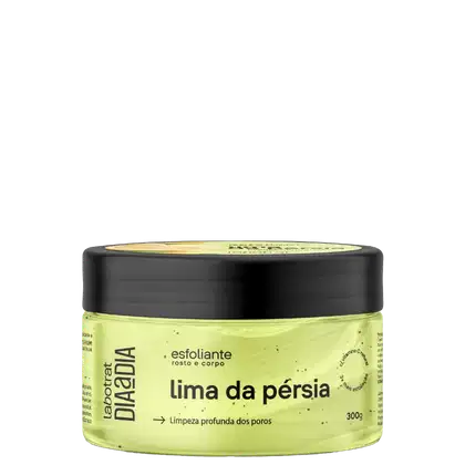 O produto apresentado é um esfoliante corporal da marca Labotrat, com o nome "lima da pérsia" impresso no rótulo. A embalagem é um pote preto com tampa, contendo um produto de coloração amarelo-esverdeada. 300g.