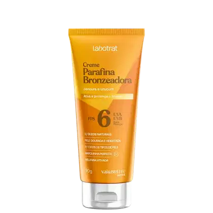 O produto apresentado é um creme bronzeador da marca Labotrat, chamado "Creme Parafina Bronzeadora". A embalagem é um tubo de cor amarela, com o nome do produto e informações sobre seus benefícios. Volume de 90g.