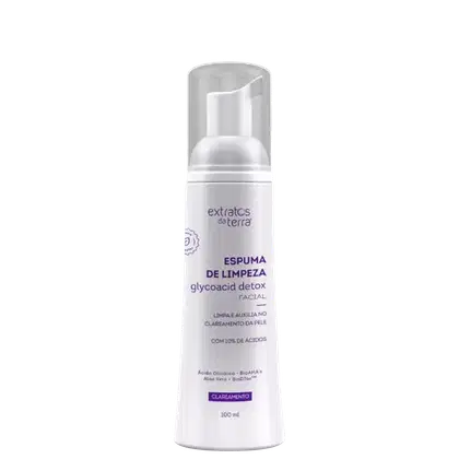 Espuma de limpeza facial Extratos da Terra com glicoacid detox, em frasco branco com rótulo roxo, contendo 100 ml do produto.