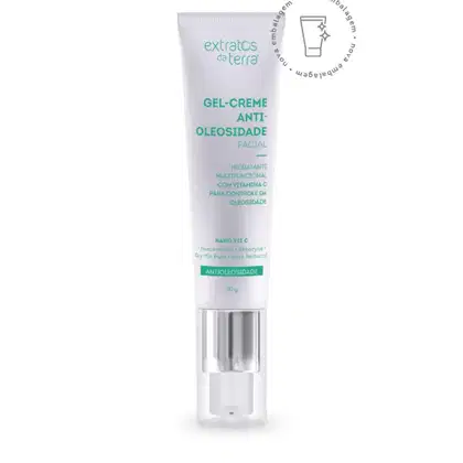 Gel-creme anti-oleosidade facial da marca Extratos da Terra, com 30g, embalagem branca e verde, contendo informações sobre sua função hidratante e com vitamina C para controle da oleosidade.