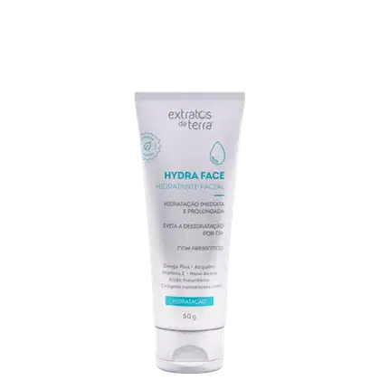Tubo branco com rótulo da marca Extratos da Terra, contendo o produto "Hydra Face", um hidratante facial com ingredientes como ômega plus, vitamina E e colágeno.