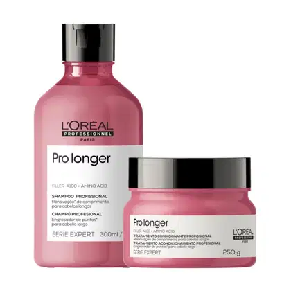 A imagem mostra dois produtos de cuidados capilares da linha Pro Longer da L'Oréal Professionnel. Um é um shampoo em uma embalagem plástica vermelha de 300ml. O outro é uma máscara em um pote plástico vermelho de 250g.