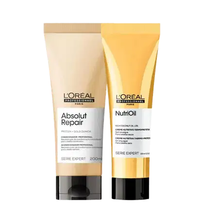 A imagem mostra dois tubos de produtos de cuidados capilares da linha L'Oréal Professionnel Serie Expert.