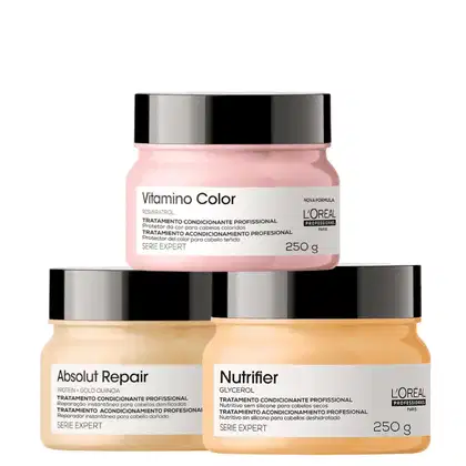 Kit L'Oréal Professionnel Serie Expert Absolut Repair Nutrifier Vitamino Color Trio Care, 3 produtos.