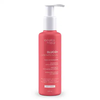 Sabonete facial Gluco+ da marca Extratos da Terra, em embalagem com bomba doseadora, na cor rosa. Destaca ação antioxidante, hidratação e prevenção do envelhecimento.