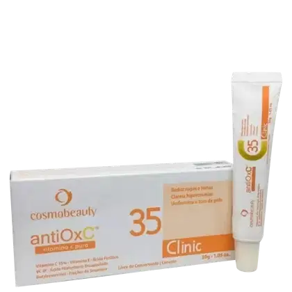 Creme antioxidante da marca Cosmobeauty, chamado "antiOxC". O rótulo indica que o produto contém vitamina C pura e possui fator de proteção 35. Também menciona que o creme ajuda a reduzir rugas e linhas, uniformizar a pele e dar um aspecto mais saudável.