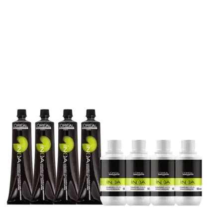 A imagem mostra 4 oxidantes inoa 60ml e 4 tubos de coloração permanente inoa.