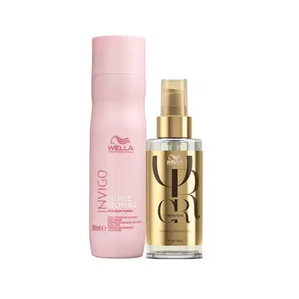 Kit com shampoo Invigo Blonde Recharge e um óleo capilar Oil Reflections de Wella Professionals.