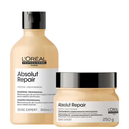 Imagem mostra um shampoo e uma máscara da linha Absolut Repair da L'Oréal Professionnel. O shampoo vem em um frasco plástico e a máscara em um pote bege com tampa preta. Ambos os produtos são amarelo claro.