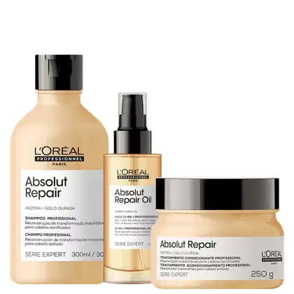 A imagem mostra 3 produtos da linha Absolut Repair da L'Oréal. O primeiro é um shampoo em uma embalagem plástica bege de 300ml. O segundo é um óleo em um frasco plástico bege com aplicador spray. O terceiro é um máscara em um pote plástico bege de 250g.
