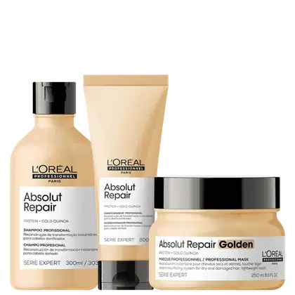 Kit L'Oréal Professionnel Serie Expert Absolut Repair Gold Quinoa + Protein Golden Tripla Ação, 3 produtos.