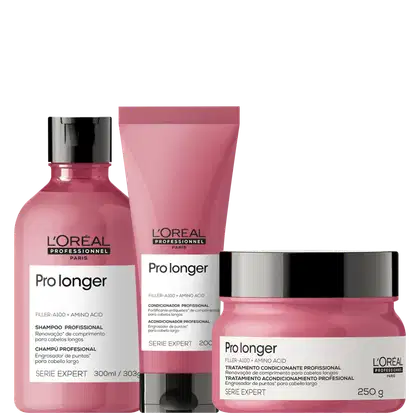 A imagem mostra um pote arredondado de máscara, um frasco arredondado de shampoo e uma bisnagas com condicionador. Todos de cor rosa escuro, rótulo branco e tampa preta.