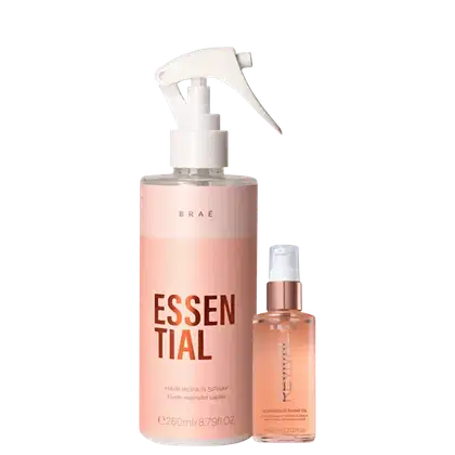 Este é um conjunto de dois produtos para o cabelo da Braé Hair Care. Inclui um spray de reparação capilar e um óleo de brilho para cabelos danificados.