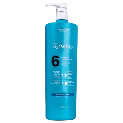 Frasco de 1 litro da série H2Omega da marca Essendy. Se trata de um leave-in termodefense, ou seja, um produto de proteção térmica para os cabelos.