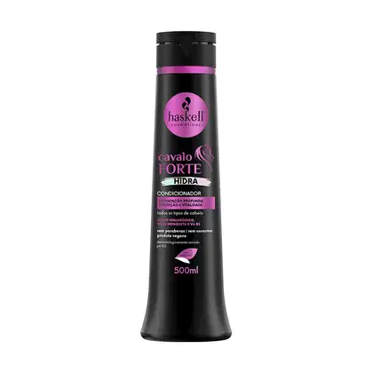 A imagem mostra o frasco do condicionador de 500ml da linha Cavalo Forte Hidra da marca haskell.