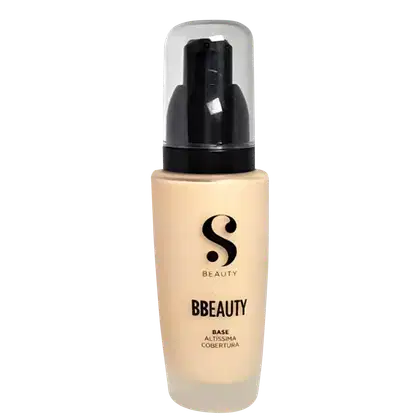 Frasco de base líquida da linha Bbeauty da marca Suelen Beauty, com embalagem plástica transparente e rótulo preto e bege. O produto é apresentado em tom de pele claro.