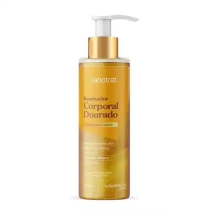 O produto apresentado é um Iluminador Corporal Dourado da marca Labotrat. O produto é descrito como um iluminador corporal, indicando que se trata de um cosmético para aplicação na pele. Volume de 190ml.