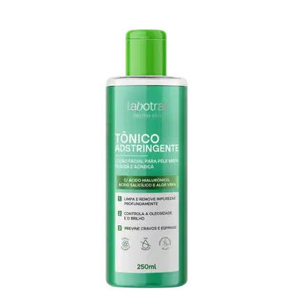 O produto apresentado é um Tônico Adstringente da marca Labotrat. A embalagem é um frasco plástico verde com tampa verde, contendo 250ml do produto.