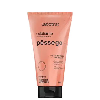 O produto apresentado é um esfoliante corporal da marca Labotrat, com o nome "Pêssego" impresso no rótulo. Contém 150g.