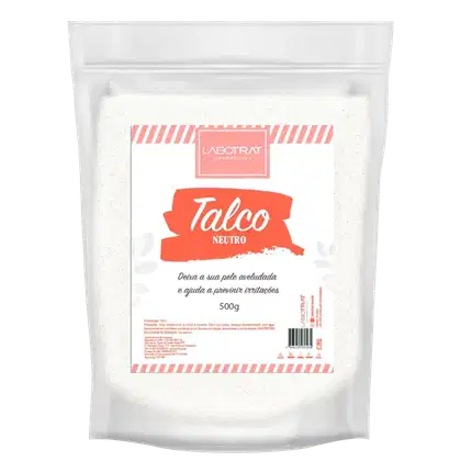 O produto apresentado é um talco neutro da marca Labotrat, em uma embalagem plástica branca de 500g.