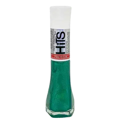Esmalte premium de unha em frasco transparente com tampa branca. O esmalte tem uma cor verde brilhante com partículas cintilantes. O rótulo na embalagem exibe o nome da marca "Hits" em letras pretas e brancas, além da palavra "Premium" em vermelho.