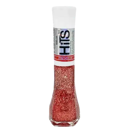 Frasco de esmalte premium da marca HITS. Embalagem transparente com tampa branca, contendo esmalte de cor rosa metálico brilhante com partículas cintilantes.