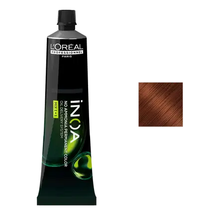 Tubo de tinta para cabelo da linha Inoa da L'Oréal Professionnel, com embalagem preta e verde, contendo informações sobre o produto em inglês e francês.
