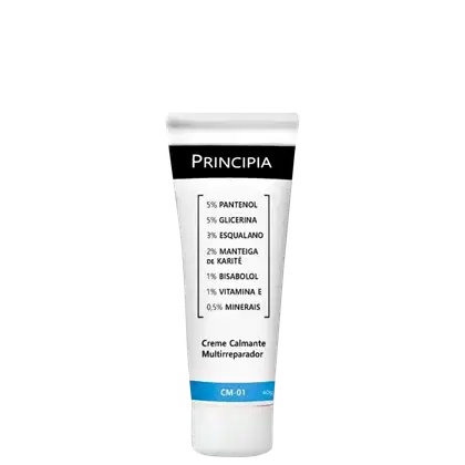 Tubo branco de creme multirreprador da marca Principia, com rótulo preto e azul listando os principais ingredientes como pantenol, glicerina e vitamina E.