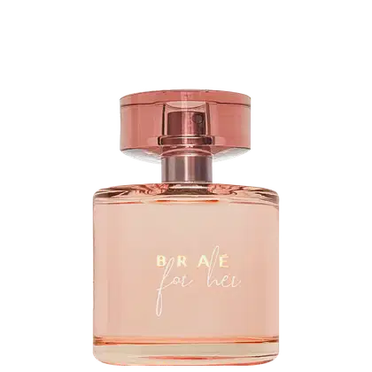 Frasco de perfume Braé for her, com design elegante em tons de rosa e dourado, com rótulo destacando o nome da fragrância em letras cursivas.