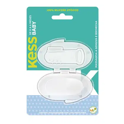 Massageador de silicone atóxico em embalagem branca e verde, com capa protetora. Produto da marca Kess, com texto "100% Silicone Atóxico" destacado.
