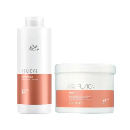 Kit com condicionador e máscara Fusion da marca Wella Professionals.