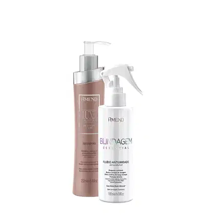 Dois produtos da marca Amend Cosméticos: um frasco de shampoo Luxe Creations Blonde Care e um frasco spray Blindagem Essential Fluido Antiumidade, ambos com embalagens em tons de rosa e branco.