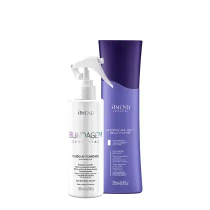 Amend Cosméticos: Frasco branco de fluido antiúmidade Blindagem Essencial e embalagem roxa de Shampoo Specialist Blondo, com textos e logotipos da marca.