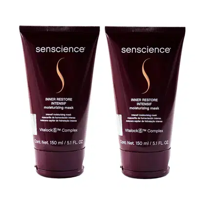 A imagem mostra duas máscaras Inner Restore Intensif da marca Senscience, com 150ml cada.