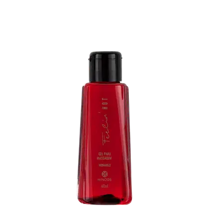 Frasco de gel para massagem da marca Hinode, na cor vermelha, com rótulo destacando o nome "Feelin Hot" e a fragrância "Morango". O produto possui 60ml de volume.