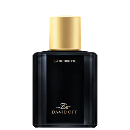Perfume Eau de Toilette da marca Davidoff em frasco retangular preto com tampa dourada. Rótulo preto com o logotipo "Zino Davidoff" em letras douradas. Embalagem elegante e sofisticada, com contraste de preto e dourado.