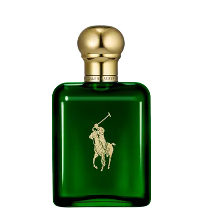 A imagem mostra um frasco de perfume verde, com tampa dourada e a logo da marca no frasco também em dourado.