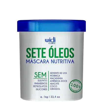 Embalagem plástica branca e azul da marca Widi Care contendo "Sete Óleos - Máscara Nutritiva" com ingredientes como semente de uva, moringa, macadâmia e outros óleos vegetais.