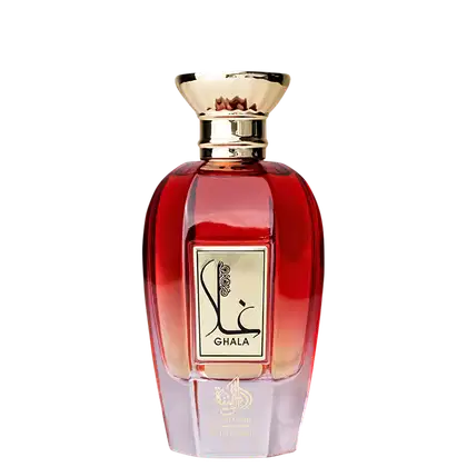 Frasco de perfume vermelho da marca Al Wataniah, com tampa dourada e rótulo com o nome "Ghala" em estilo árabe. O frasco possui um design elegante e sofisticado, com uma aparência premium.