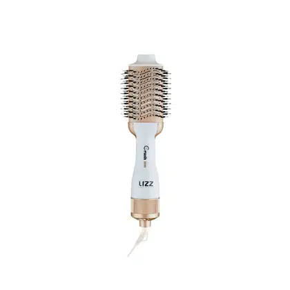O produto apresentado é uma escova de cabelo da marca Lizz Professional. Trata-se de uma escova de cerdas redondas em tom bege, com um cabo branco e detalhes dourados. O nome "Lizz" está impresso no corpo da escova.