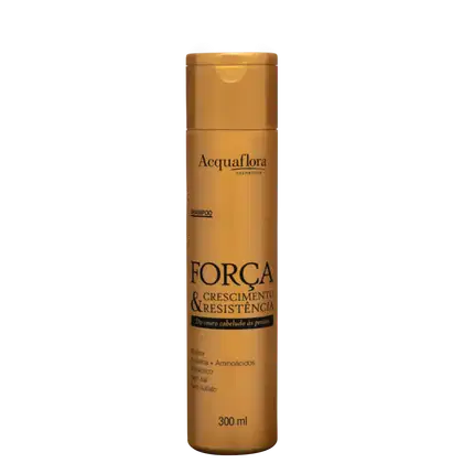 Frasco de shampoo da marca Acquaflora, na cor laranja, com rótulo destacando a linha "Força & Crescimento & Resistência" e informações sobre os ingredientes.