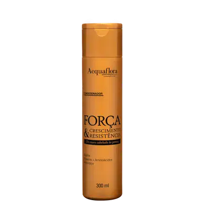 Frasco de condicionador da marca Acquaflora, na cor laranja, com rótulo destacando os benefícios de "Força & Crescimento & Resistência" para os cabelos.