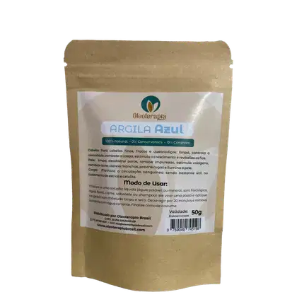 A imagem mostra um pacote de um produto da marca Oleoterapia Brasil chamado "Argila Azul". O pacote é feito de papel kraft e tem um peso de 50g.