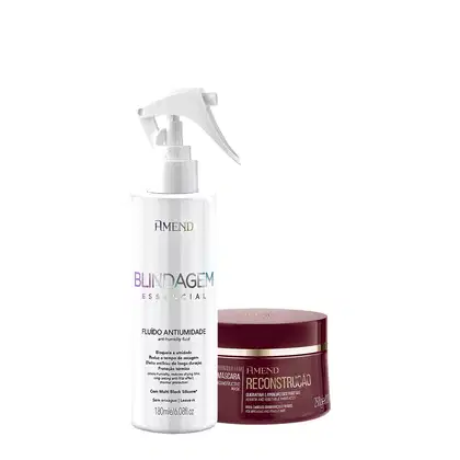Amend Cosméticos: Fluido Antiúmidade Blindagem Essencial em frasco branco com gatilho e Máscara Reconstrução em embalagem vermelha, ambos com rótulos e informações do produto.